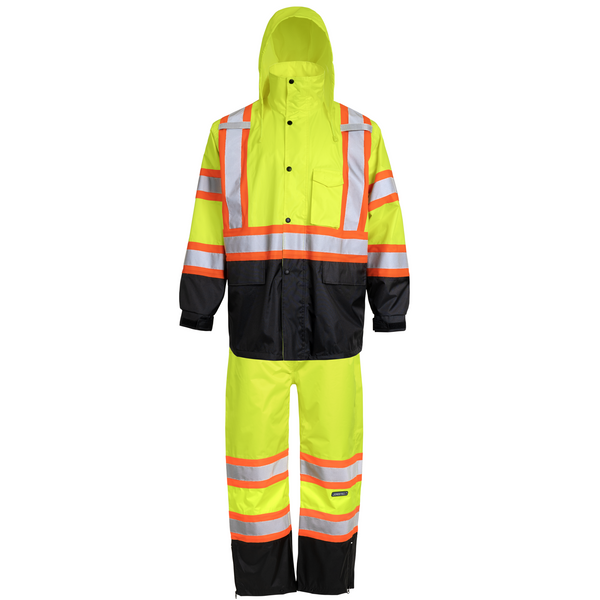 Two Tone High Vis Safety Rain Jacket And Pants Set With X On The Back