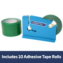 Manual Bag Taper with 10 Green Self-Adhesive 3/8” Tape Rolls