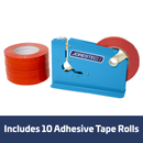 Manual Bag Taper with 10 Red Self-Adhesive 3/8” Tape Rolls