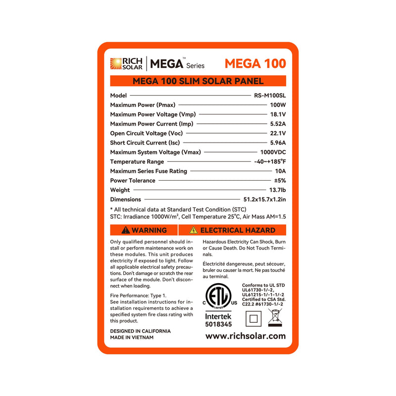 Rich Solar MEGA 100 SLIM | 100 Watt Slim Solar Panel