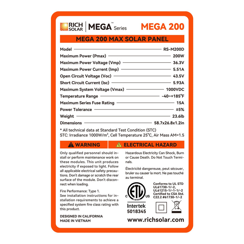 Rich Solar MEGA 200 MAX | 200 Watt 24 Volt Solar Panel