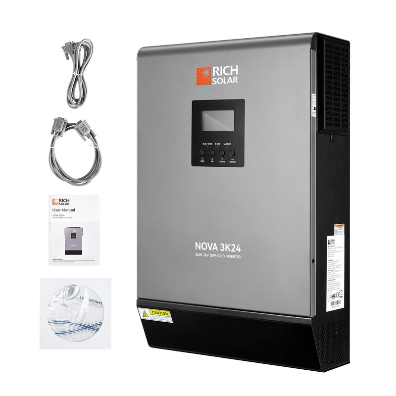 Inversor solar híbrido fuera de la red Rich Solar NOVA MAX 3K de 3000 vatios (3 kW) y 24 voltios
