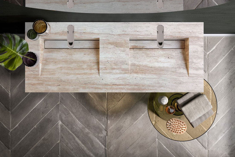 Troia Light Travertine Vein-cut Double Sink Above Vanity Bathroom Sink