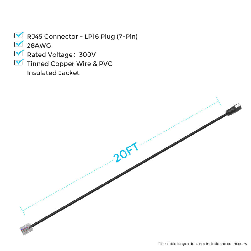 Cable de comunicación Renogy LP16 con conector (7 pines) a RJ45 de 20 pies (sin fuente de alimentación de 12 V)