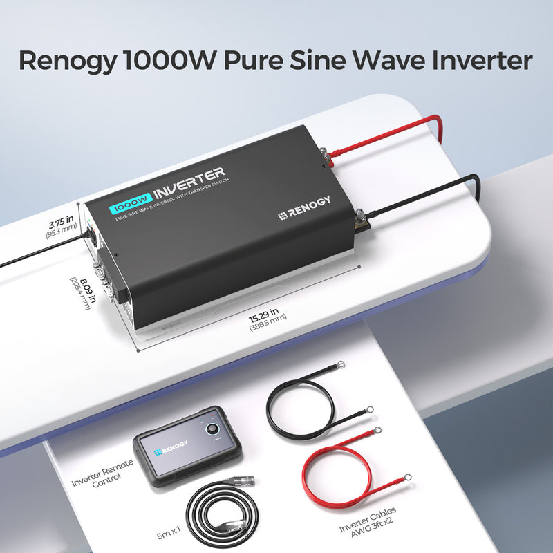 Renogy 12V 1KW 120V Pure Sine Wave Battery Inverter With Transfer Switch