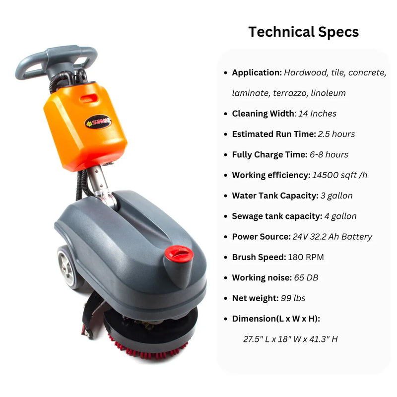 RT15 14" Commercial Compact Floor Scrubber Machine, 14500 sqft/h, 4-Gal Sewage Tank, Efficient Cleaning for Hard Floors