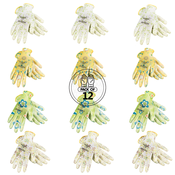 Safety Gardening Gloves with Nitrile Dipped Palms – Pack of 12