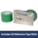 Stainless Steel Manual Bag Taper with 10 Green Self-Adhesive 3/8” Tape Rolls