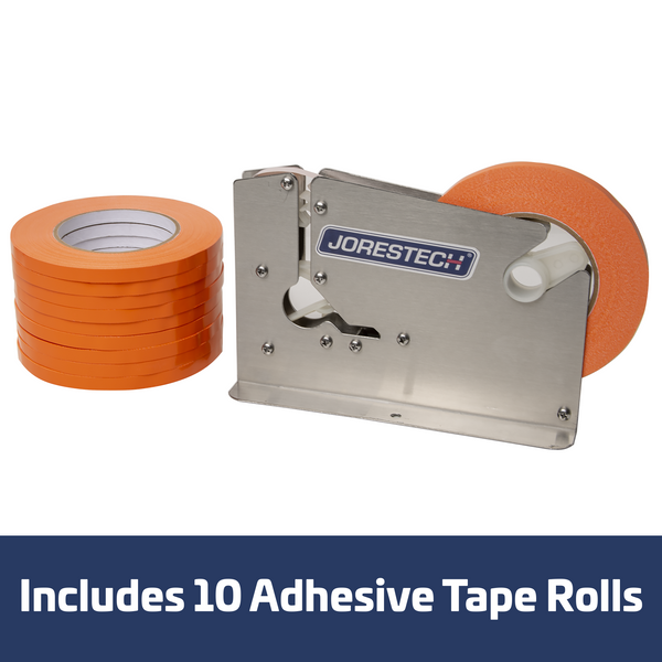 Stainless Steel Manual Bag Taper with 10 Orange Self-Adhesive 3/8” Tape Rolls
