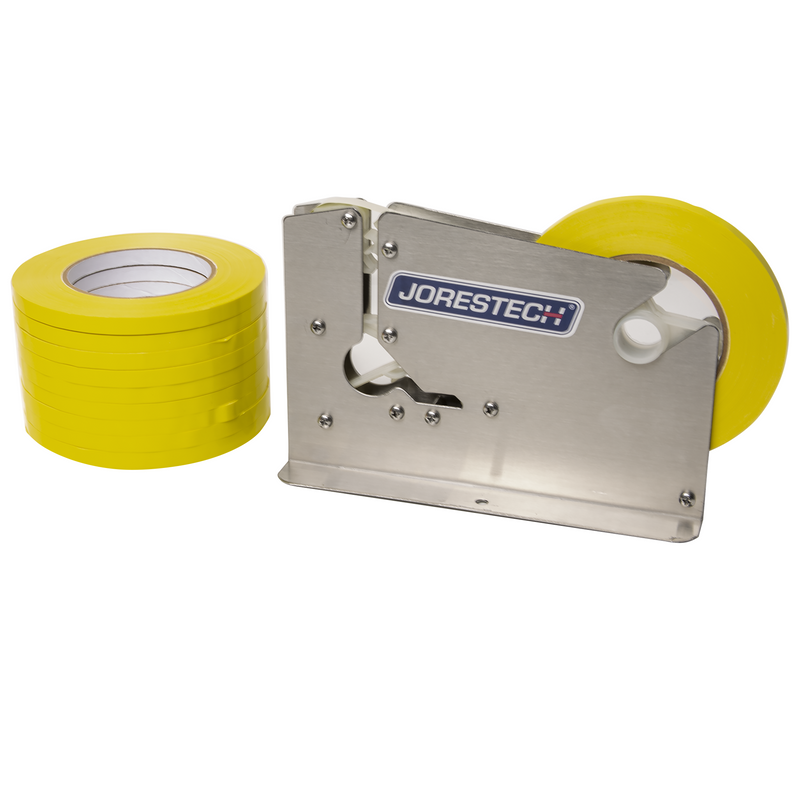 Stainless Steel Manual Bag Taper with 10 Yellow Self-Adhesive 3/8” Tape Rolls