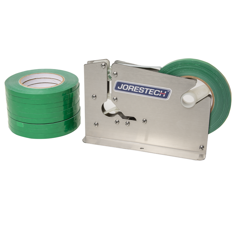 Stainless Steel Manual Bag Taper with 10 Green Self-Adhesive 3/8” Tape Rolls