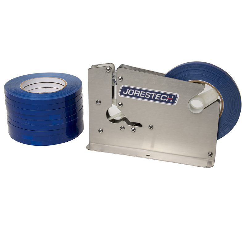 Stainless Steel Manual Bag Taper with 10 Blue Self-Adhesive 3/8” Tape Rolls