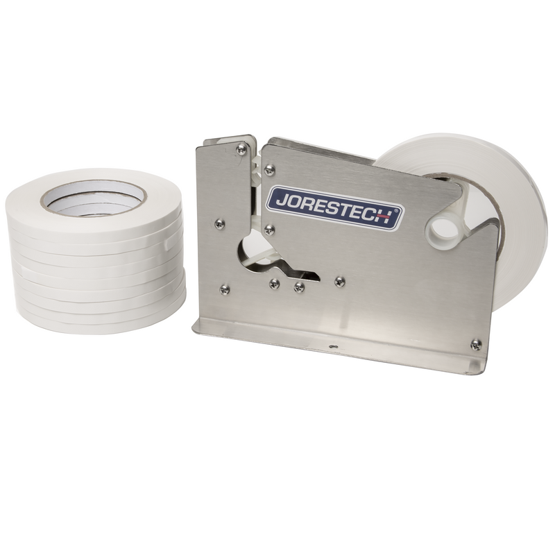 Stainless Steel Manual Bag Taper with 10 White Self-Adhesive 3/8” Tape Rolls
