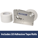 Stainless Steel Manual Bag Taper with 10 White Self-Adhesive 3/8” Tape Rolls
