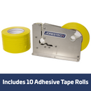 Stainless Steel Manual Bag Taper with 10 Yellow Self-Adhesive 3/8” Tape Rolls