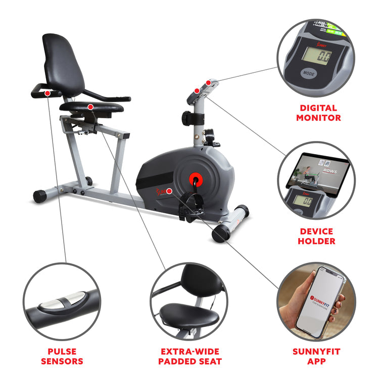 Sunny Health & Fitness Magnetic Smart Recumbent Bike with Exclusive SunnyFit App Enhanced Bluetooth Connectivity -
