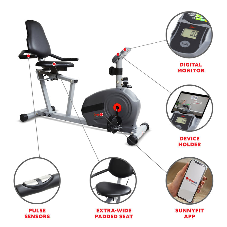 Bicicleta reclinada inteligente magnética Sunny Health &amp; Fitness con aplicación exclusiva SunnyFit y conectividad Bluetooth mejorada -