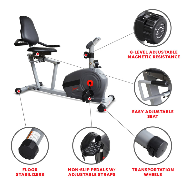 Sunny Health & Fitness Magnetic Smart Recumbent Bike with Exclusive SunnyFit App Enhanced Bluetooth Connectivity -