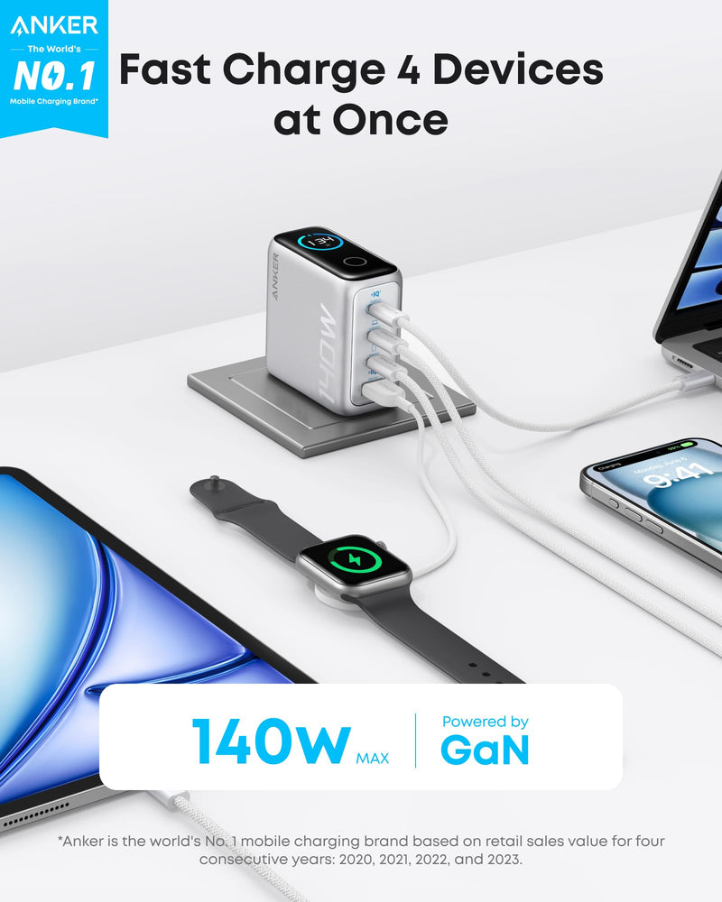 Anker Charger (140W, 4 Ports) 急速充電器 シルバー Anker Charger (140W, 4-Port, PD 3.1) with USB-C Cable