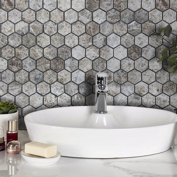 Silver Emperador Marble Hexagon 2" Polished Mosaic Floor and Wall Tile - Livfloors Collection