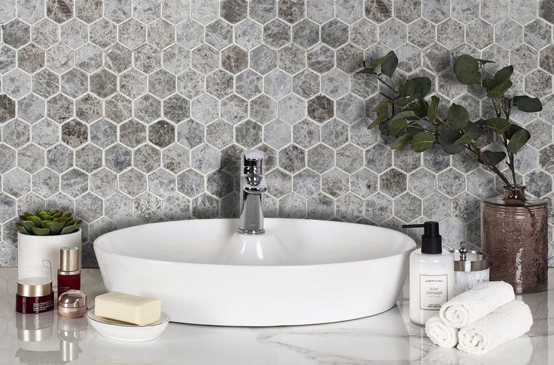 Silver Emperador Marble Hexagon 2" Polished Mosaic Floor and Wall Tile - Livfloors Collection