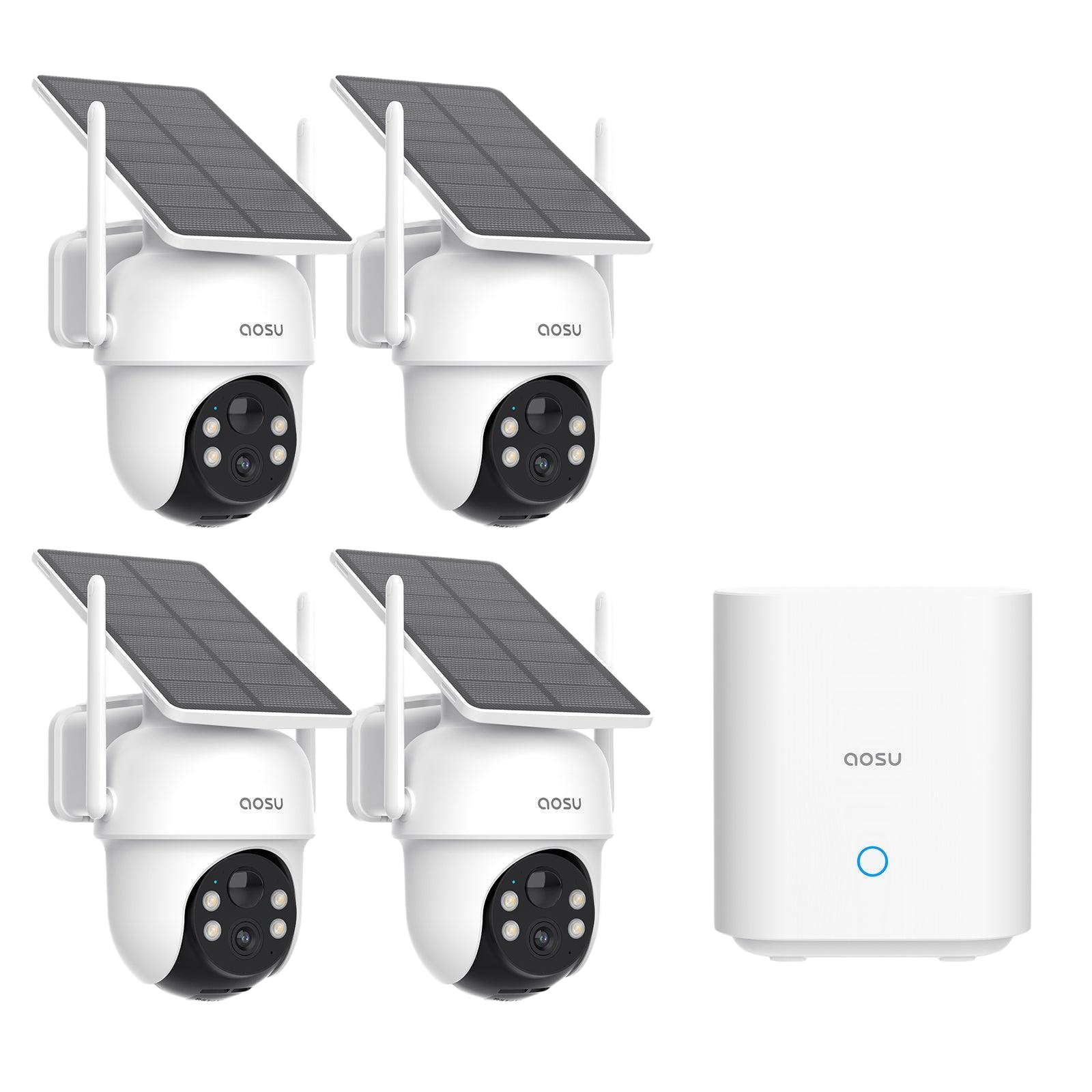 AOSU Solar Security Cameras Wireless Outdoor, 2K QHD Home Security System, 4 Camera Kit with 166° Ultra-Wide View, Forever Power, Spotlight Camera, 32G Local Storage, No Monthly Fees