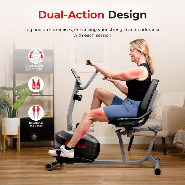 Bicicleta reclinada magnética inteligente Sunny Health &amp; Fitness con pedal de mano - SF-RB423034