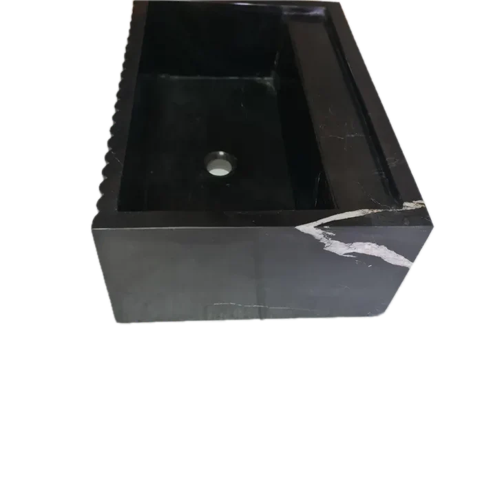 Toros Black Marble Rectangular Wall-mount Bathroom Sink Fluted (W)16" (L)24" (H)7"