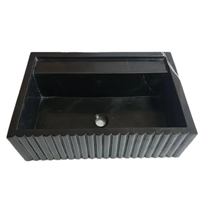 Toros Black Marble Rectangular Wall-mount Bathroom Sink Fluted (W)16" (L)24" (H)7"