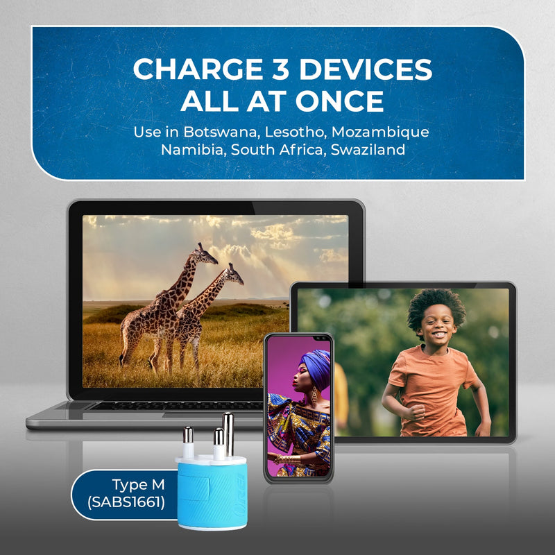 Adaptador de viaje para Sudáfrica y Botsuana - 3 en 1 - 2 USB - Tipo M - Diseño compacto (U2U-10L) 