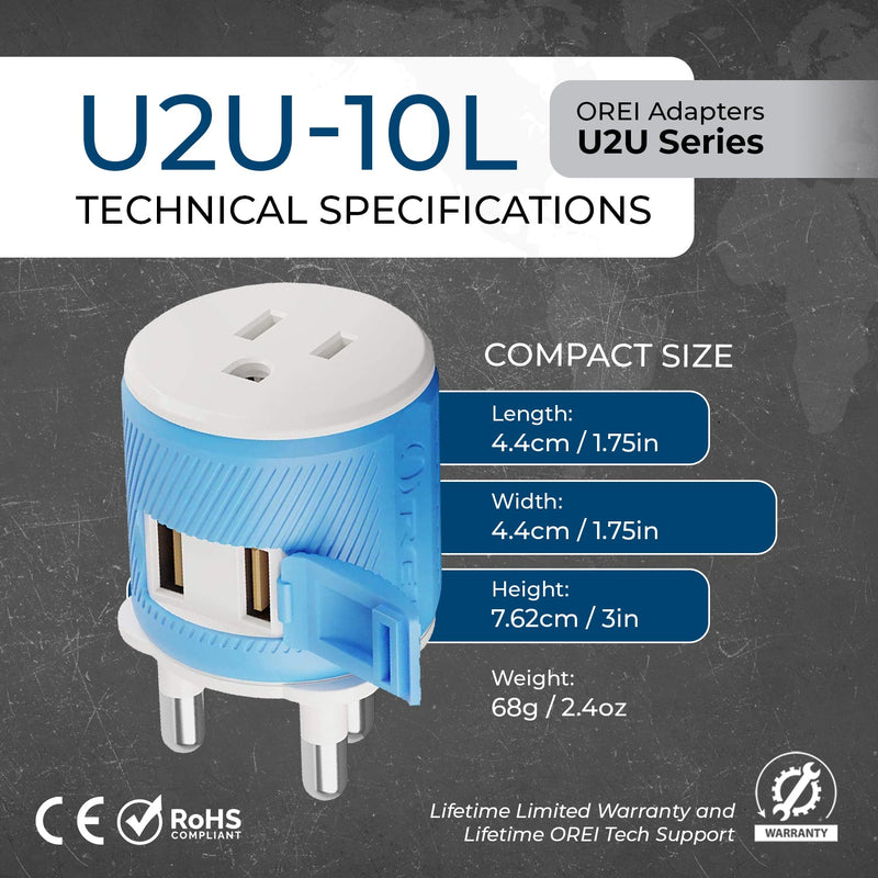 Adaptador de viaje para Sudáfrica y Botsuana - 3 en 1 - 2 USB - Tipo M - Diseño compacto (U2U-10L) 