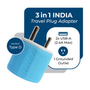 Adaptador de viaje para India y Nepal - 3 en 1 - 2 USB - Tipo D - Diseño compacto (U2U-10)