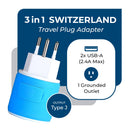 Adaptador de viaje para Suiza - 3 en 1 - 2 USB - Tipo J - Diseño compacto (U2U-11A)