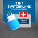 Adaptador de viaje para Suiza - 3 en 1 - 2 USB - Tipo J - Diseño compacto (U2U-11A)