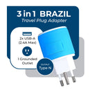 Adaptador de viaje para Brasil - 3 en 1 - 2 USB - Tipo N - Diseño compacto (U2U-11C)