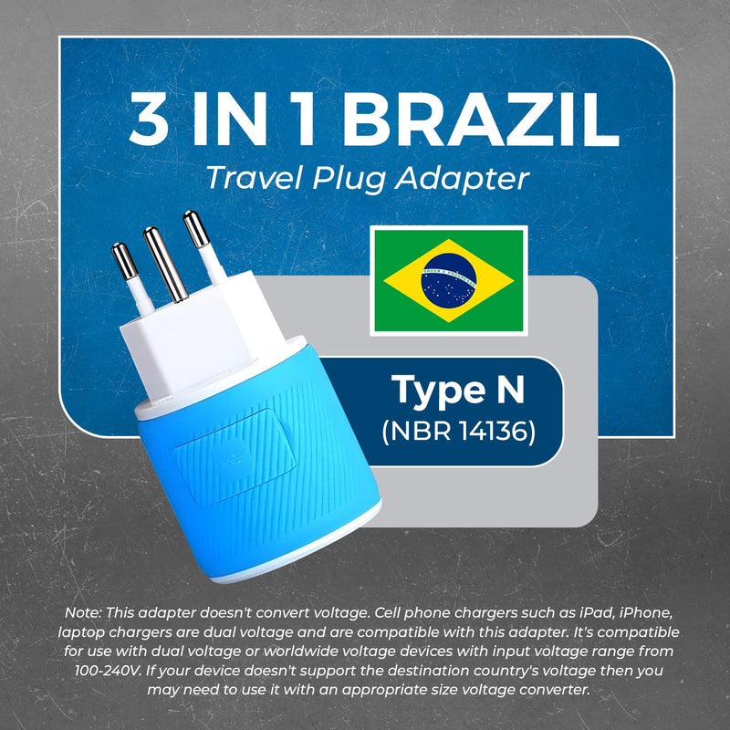 Adaptador de viaje para Brasil - 3 en 1 - 2 USB - Tipo N - Diseño compacto (U2U-11C)