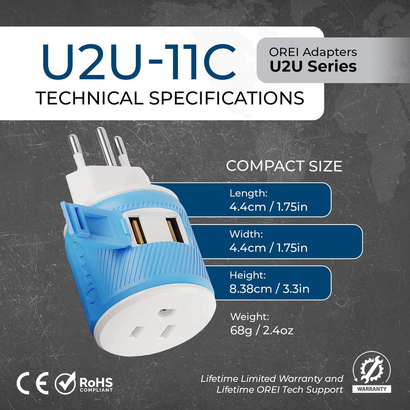 Adaptador de viaje para Brasil - 3 en 1 - 2 USB - Tipo N - Diseño compacto (U2U-11C)
