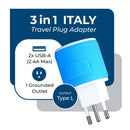 Adaptador de viaje para Italia y Uruguay - 3 en 1 - 2 USB - Tipo L - Diseño compacto (U2U-12A)