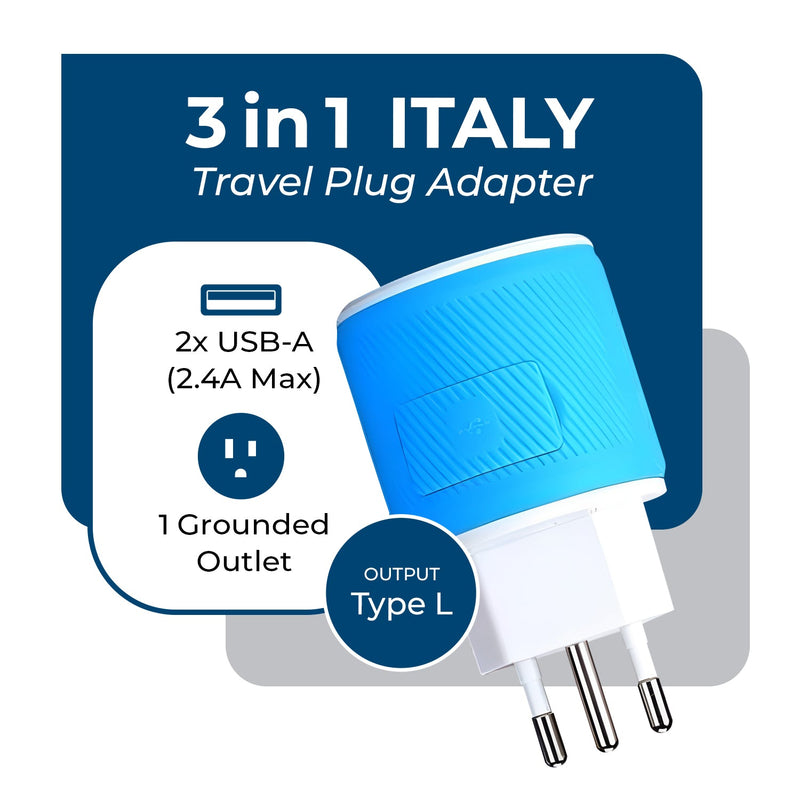 Adaptador de viaje para Italia y Uruguay - 3 en 1 - 2 USB - Tipo L - Diseño compacto (U2U-12A)