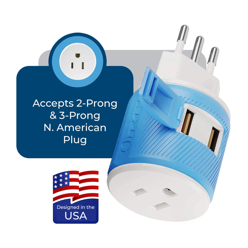 Adaptador de viaje para Italia y Uruguay - 3 en 1 - 2 USB - Tipo L - Diseño compacto (U2U-12A)