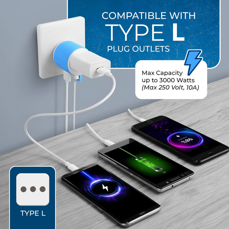 Adaptador de viaje para Italia y Uruguay - 3 en 1 - 2 USB - Tipo L - Diseño compacto (U2U-12A)