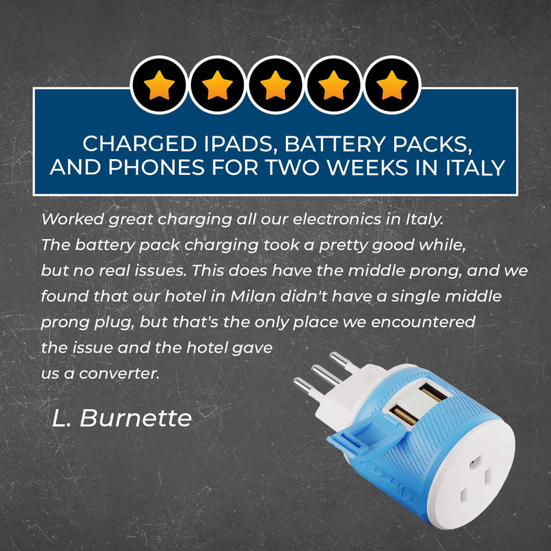 Adaptador de viaje para Italia y Uruguay - 3 en 1 - 2 USB - Tipo L - Diseño compacto (U2U-12A)