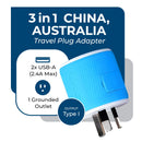 Adaptador de viaje para Australia y Nueva Zelanda - 3 en 1 - 2 USB - Tipo I - Diseño compacto (U2U-16)