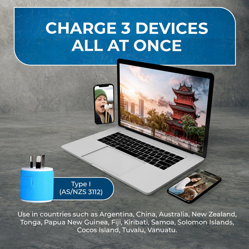 Adaptador de viaje para Australia y Nueva Zelanda - 3 en 1 - 2 USB - Tipo I - Diseño compacto (U2U-16)
