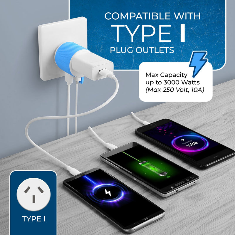 Adaptador de viaje para Australia y Nueva Zelanda - 3 en 1 - 2 USB - Tipo I - Diseño compacto (U2U-16)