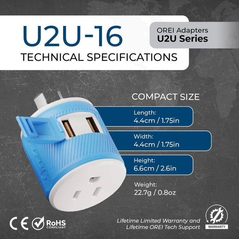 Adaptador de viaje para Australia y Nueva Zelanda - 3 en 1 - 2 USB - Tipo I - Diseño compacto (U2U-16)