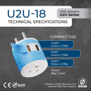 Adaptador de viaje para Tailandia - 3 en 1 - 2 USB - Tipo O - Diseño compacto (U2U-18)