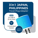 Adaptador de viaje para Japón y Filipinas - 3 en 1 - 2 USB - Tipo A - Diseño compacto (U2U-6)