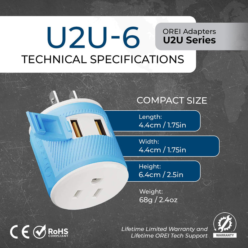 Adaptador de viaje para Japón y Filipinas - 3 en 1 - 2 USB - Tipo A - Diseño compacto (U2U-6)