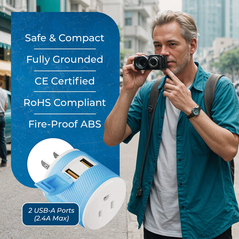 Adaptador de viaje para Japón y Filipinas - 3 en 1 - 2 USB - Tipo A - Diseño compacto (U2U-6)